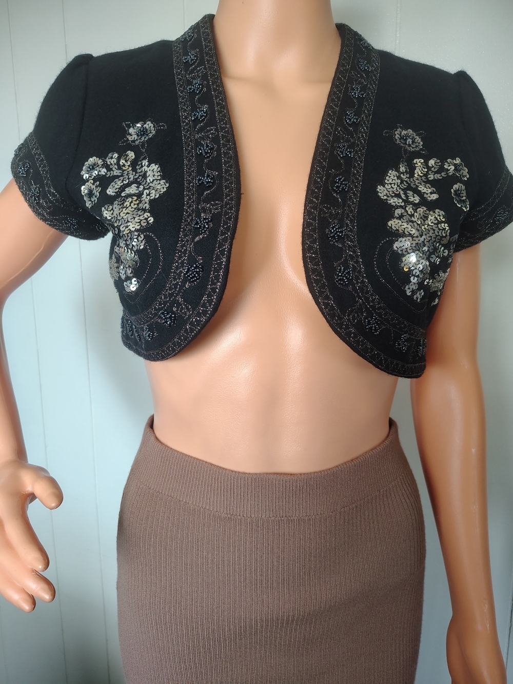 Forever Twenty One (Vintage)Wool Blend Beaded Sequin Bolero Shrug Jacket Black L